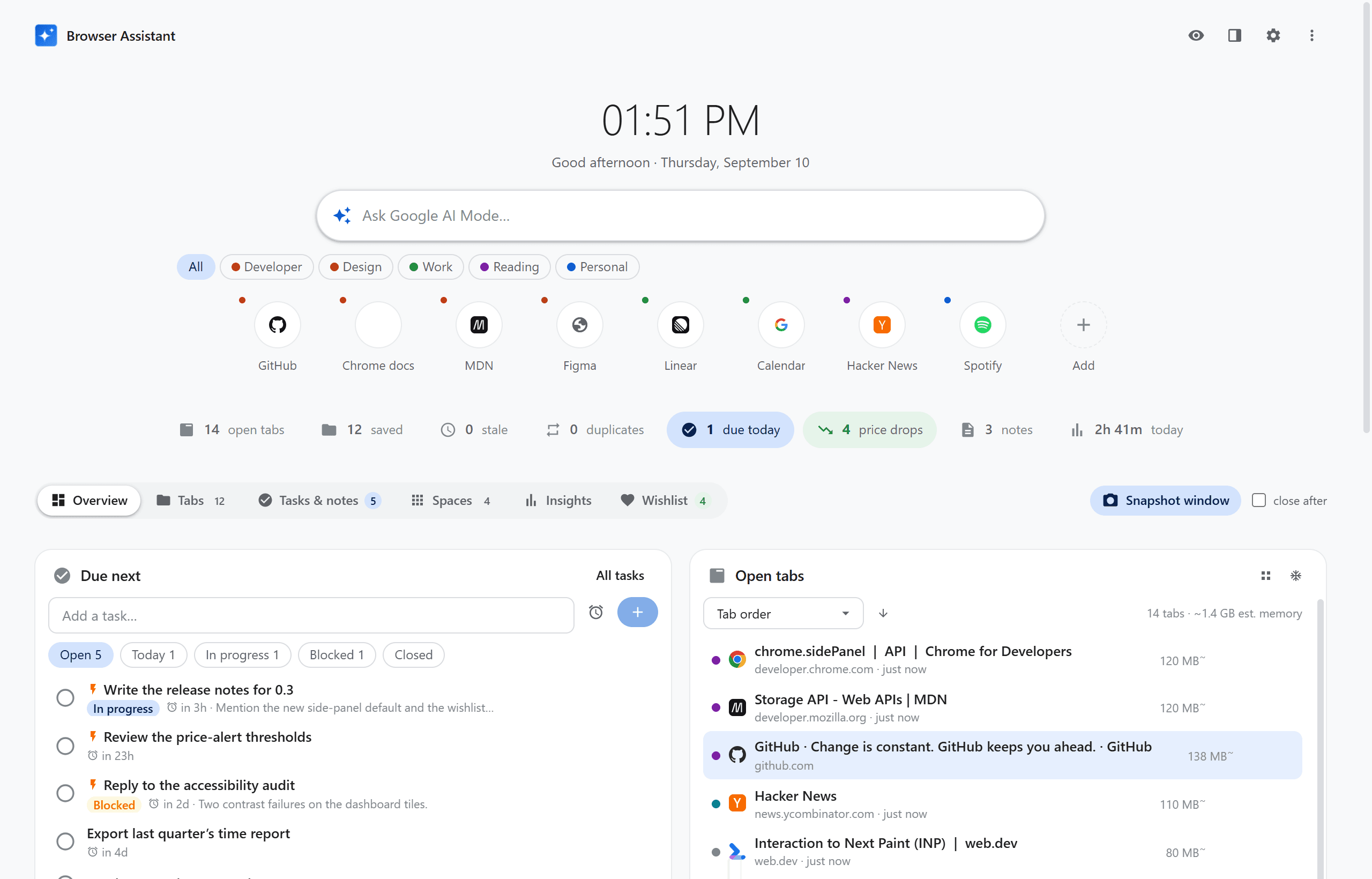 Dashboard: clock, AI search box, quick-link tiles, a status strip, and the Overview digest showing tasks due next beside the open-tab list