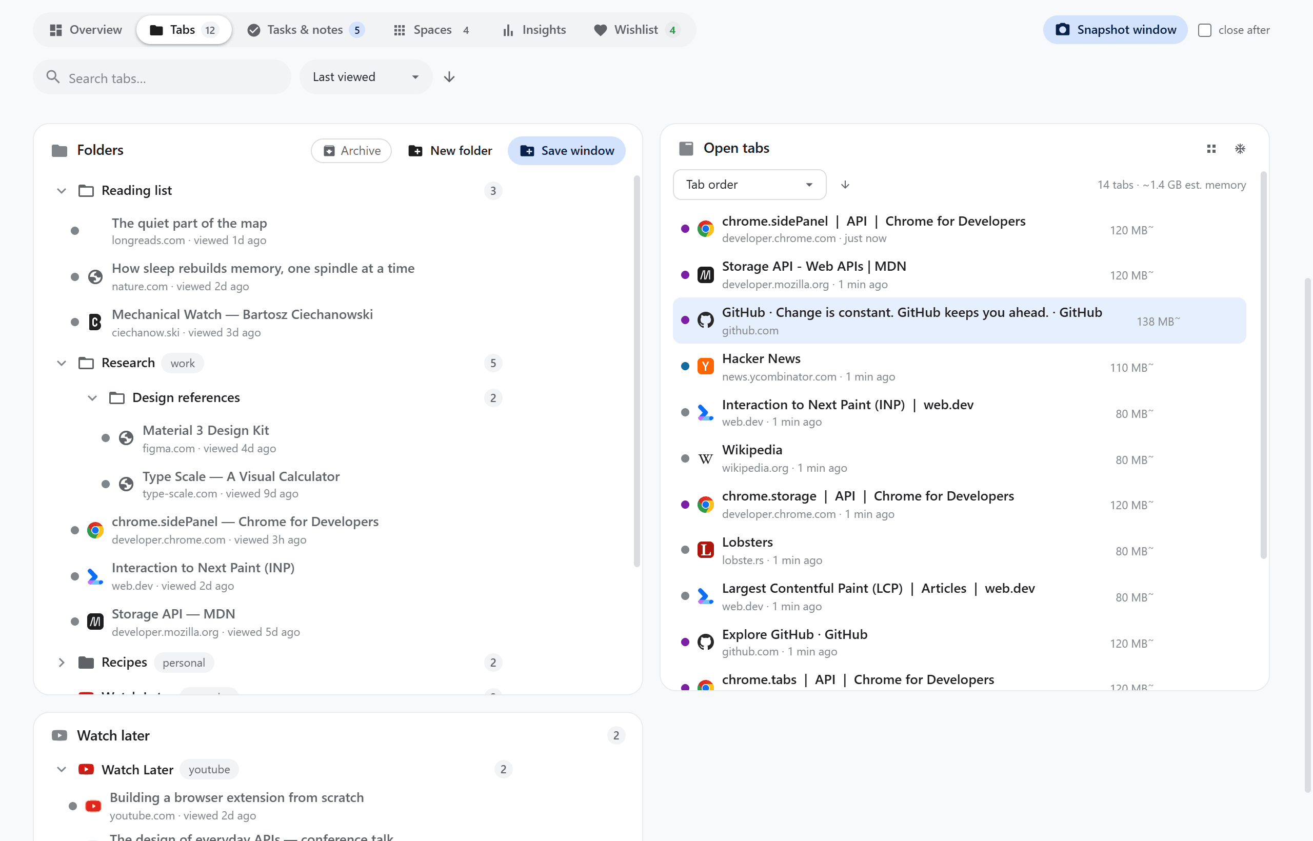 Dashboard Tabs view: the folder tree and Watch Later beside the live open-tab list