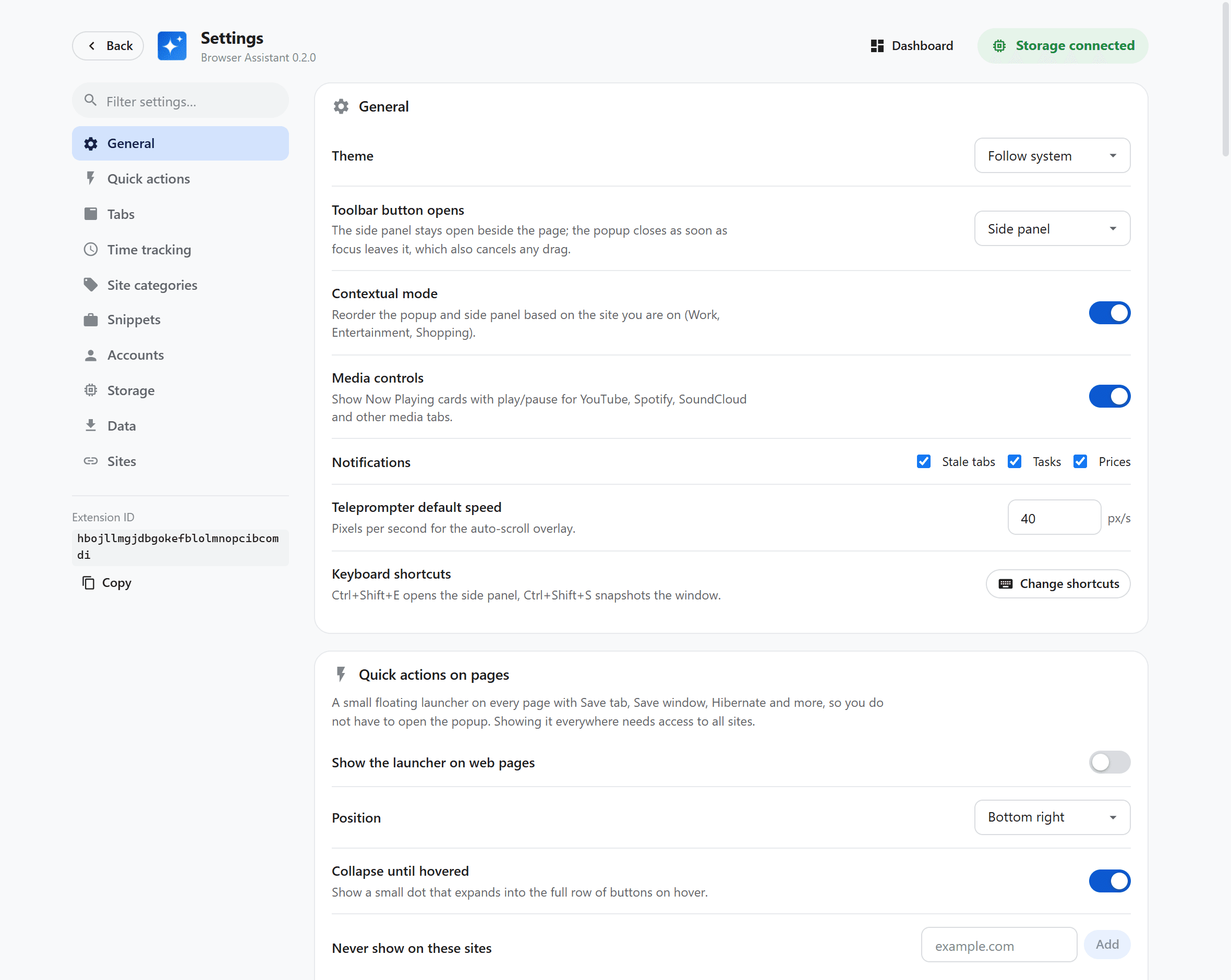 Settings: whether the toolbar button opens the side panel or the popup, contextual mode, notifications and the on-page launcher