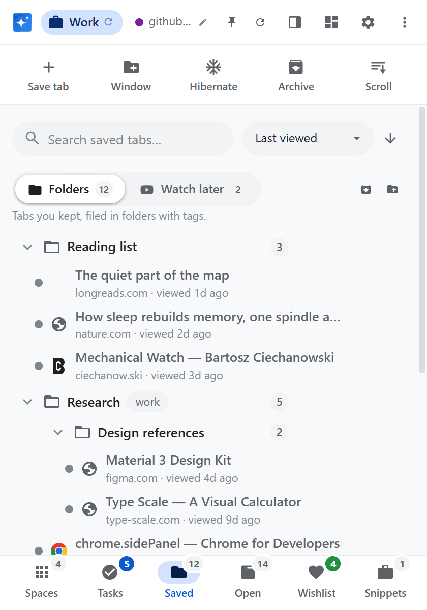 The popup: the same app at 420x600, showing the folder tree