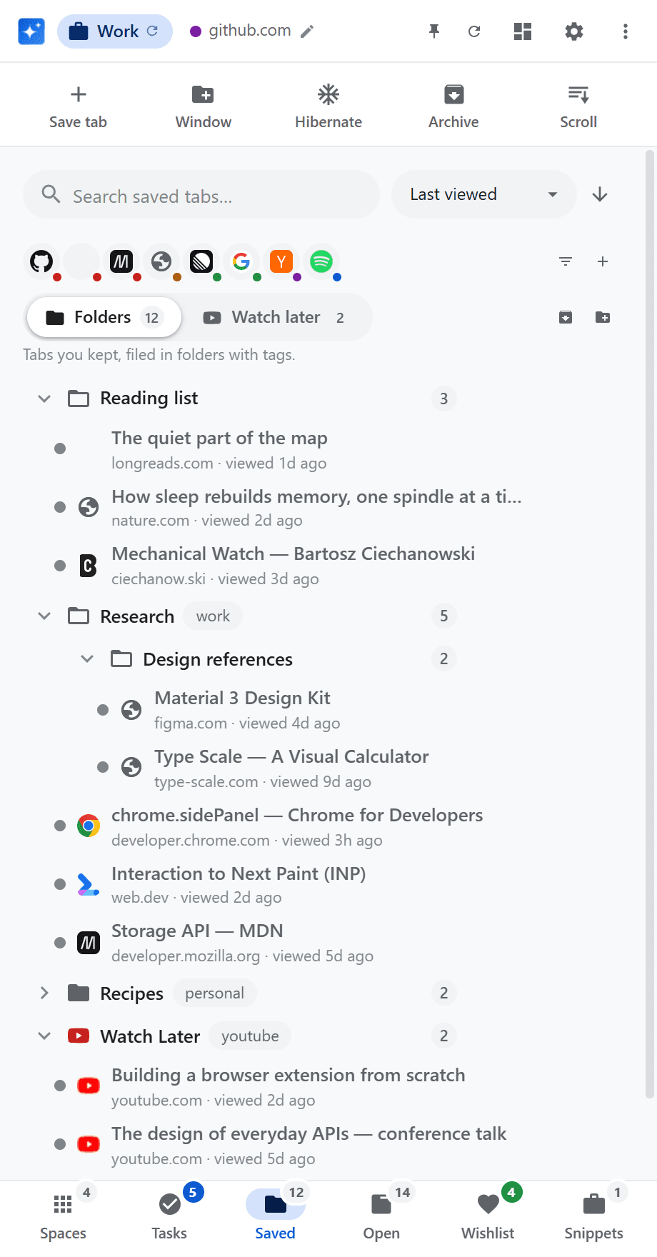 Side panel, Saved section: nested tab folders with tags and per-folder counts