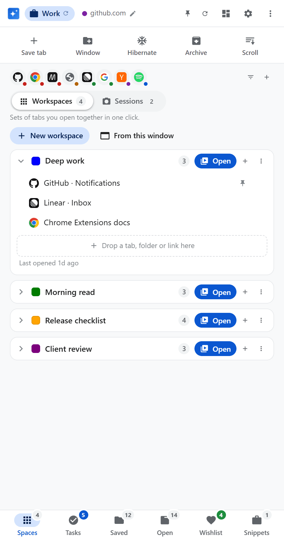 Side panel, Spaces section: workspaces with tab counts, one expanded to show the tabs it opens