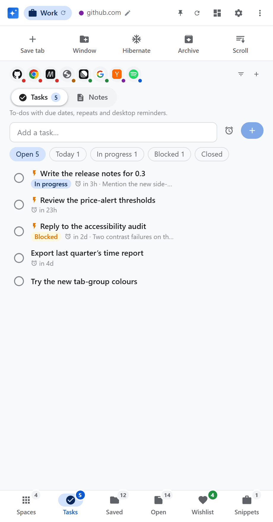 Side panel, Tasks section: to-dos with status filters