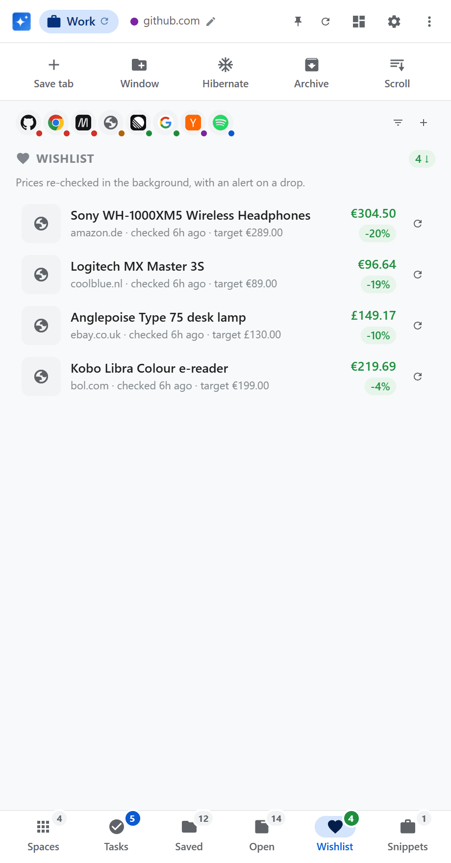 Side panel, Wishlist section: tracked products with current price, drop percentage and target price